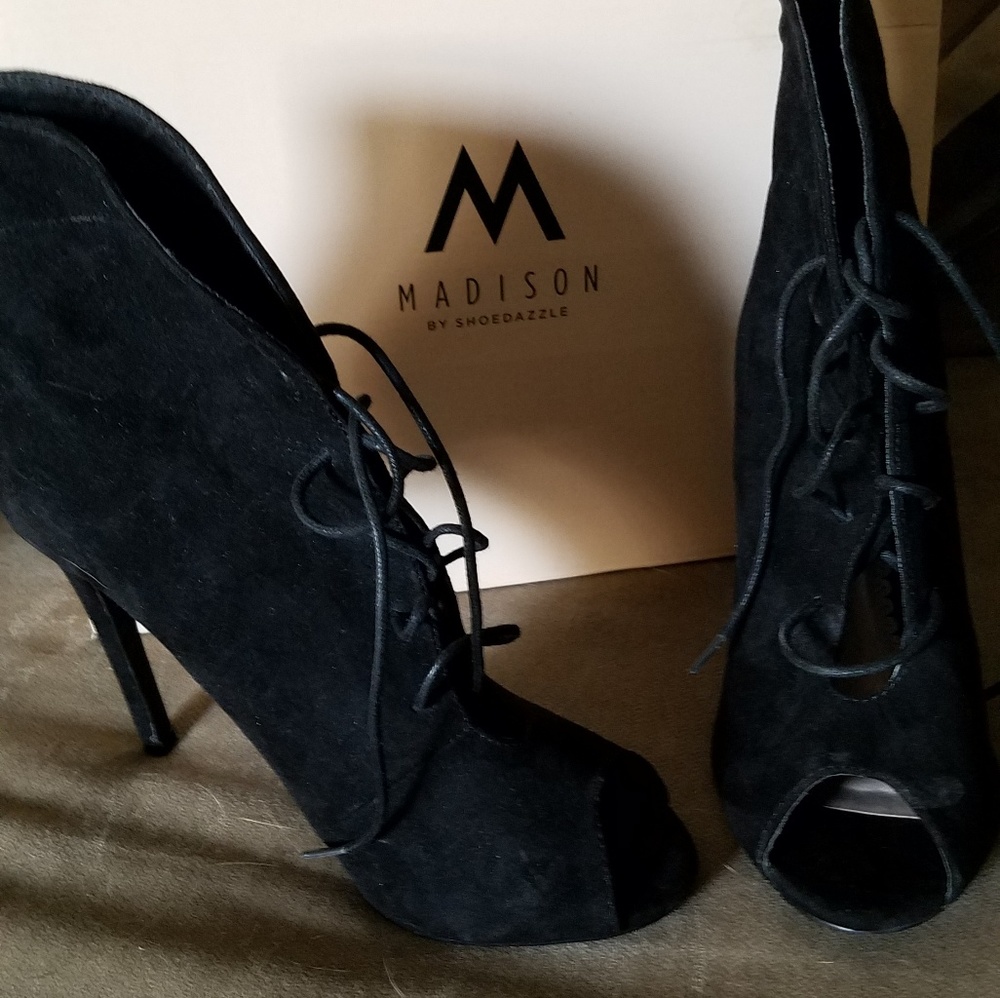 Lace up black suede stiletto bootie